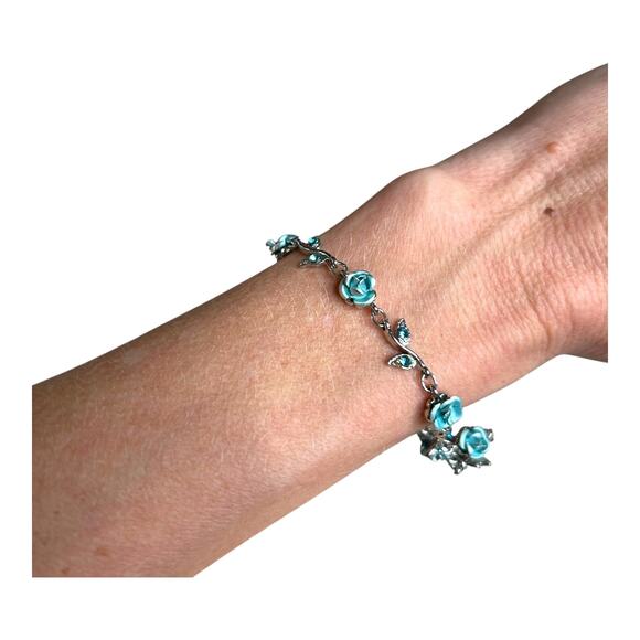 Light Blue Roses and Crystals Dainty Feminine Floral Silver Tone Bracelet - Picture 2 of 8
